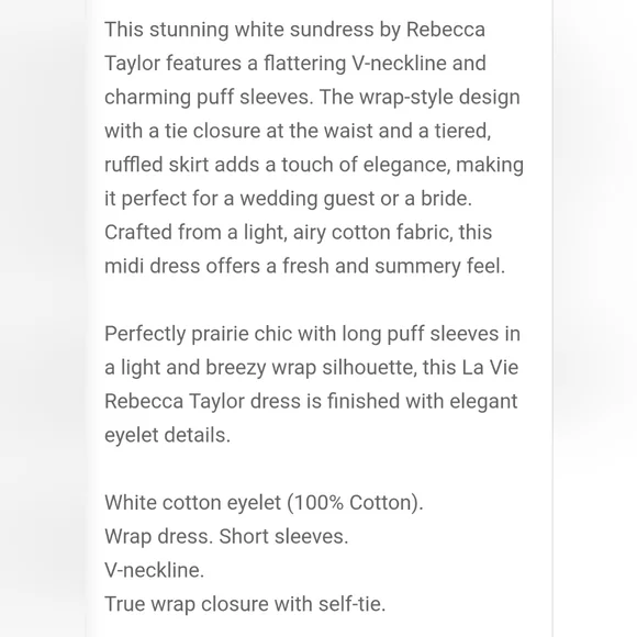 REBECCA TAYLOR LA VIE Lucie White Eyrlet Wrap Dress | Sz L / 10 - Picture 7 of 7